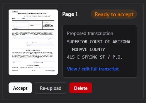 Workspace OCR review step showing an uploaded page and its extracted text